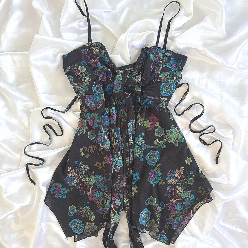 Self Esteem Floral Paisley Babydoll Cami Top Black Blue Large